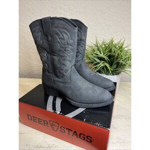 Deer Stags Cowboy Boots Girls/Kids Sz 1M Dark Grey Light Grey Stitching